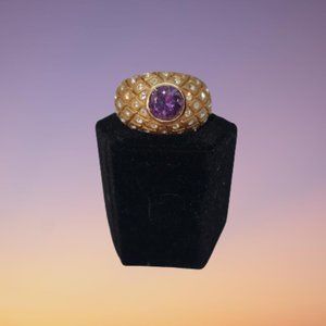 BEAUTIFUL!! Simulated Amethyst & Clear Gemstone Gold Tone Ring Size 8